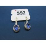 A Pair of Tanzanite and Diamond Set Earpendants, each oval four claw set, within border of brilliant