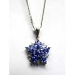 A Tanzanite and Diamond Set Cluster Pendant, of flowerhead design, navette shape claw set