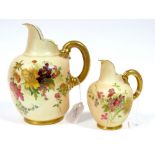 A Royal Worcester Porcelain Flat Handled Jug, the blush ivory grounds printed and painted with