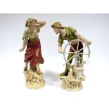 A Pair of Late XIX Century Royal Dux Pottery Figures, modelled as a lady and gentleman, he holding a