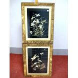 A Pair of Early XX Century Japanese Embroidered Silk Pictures, depicting birds amongst flowering