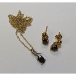 A 9ct gold sapphire and diamond pendant, with similar pair of sapphire and diamond earrings,