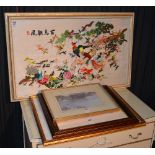 An Oriental silk embroidered panel, depicting birds in foliage,