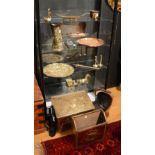A mixed lot of brass and copper wares, to include a pair of painted door stops, brass coal box,