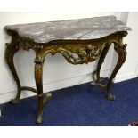 A Victorian style console table with marble top, the shaped marble top raised on shaped supports,