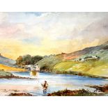 Johnston (Scottish) 'Fisherman on the River' Watercolour, signed indistinctly lower right,