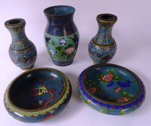 Five pieces of Chinese and Japanese cloisonne, comprising of two bowls,