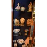 A quantity of porcelain and collectables, to include Art Deco mantel clock, vintage doll by 'Roddy',