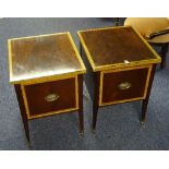 A pair of reproduction bedside cupboards, bearing label for William L Maclean, with pull out drawer,