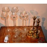 Six assorted glass stands, 35cm high, also with a brass figure group of deer,
