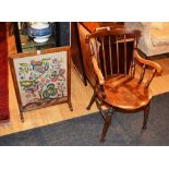 A vintage spindle back armchair, 89cm high, also with a firescreen with tapestry panel,