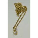 A 9ct gold pearl pendant on chain, the pearl mounted on leaf design pendant, 375 stamped to pendant,