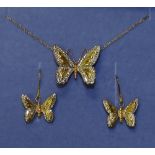 A 9ct yellow and white gold butterfly pendant and earring set, 375 stamped to clasp, 1.