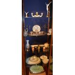 A small collection of silver plate and ceramics, to include salver, candlesticks,