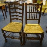 A harlequin set of six 18th century style country oak ladder back chairs,