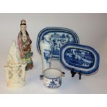 Six pieces of Chinese pottery and porcelain, to include two blue and white export dishes, cup,