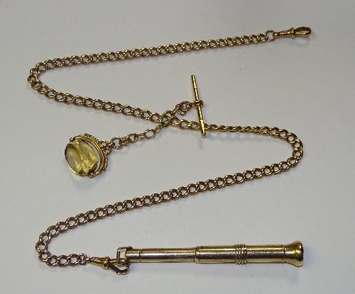 A 9ct gold Albert chain with citrine fob and cheroot holder, stamped 375 to clasp,