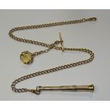 A 9ct gold Albert chain with citrine fob and cheroot holder, stamped 375 to clasp,