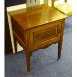 A mahogany inlaid pot cupboard, with door raised on tapering supports,