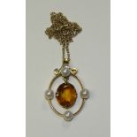 A 9ct gold citrine and pearl pendant,