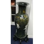 A large Japanese themed malachite coloured ceramic vase on stand,