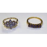 A 9ct gold tanzanite cluster ring, ring size P, stamped 375, 2.