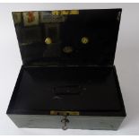 A vintage metal money box, with inner cover and key, 10cm high x 30.