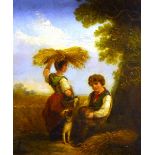 English School (Mid 19th Century) 'Couple with Dog Collecting Corn' Oil on board, unsigned,