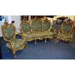 A Victorian style gilt painted parlour suite, comprising settee and pair of armchairs,