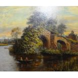 B Robertson 'Boaters by the Bridge' Oil on canvas, signed and dated 1900 lower left,