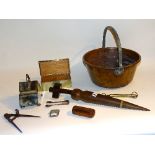 A vintage copper jelly pan, together with plated wares, snuff box, measuring instruments,