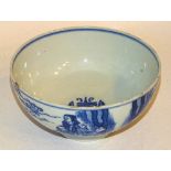 A Chinese blue and white pottery bowl, decorated with panels of figures and symbols,
