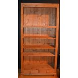 A tall pine open bookcase, with open shelving above two small drawers,