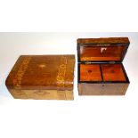 A 19th century tea caddy, probably yewwood, the hinged top enclosing two compartments with covers,
