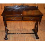 A reproduction mahogany hall table, with two small drawers, raised on pierced lyre supports,