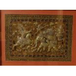 A framed Thai embroidered wall panel, depicting figures on elephant and horseback,