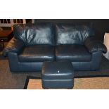 A blue leather two seater sofa, 77cm high x 220cm wide,