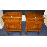 A pair of Dutch style inlaid bedside cabinets, with single drawer above panelled door,