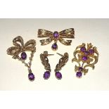 A similar group of 9ct gold amethyst and seed pearl brooches, pendant and earrings,