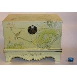 A Chinese style painted collectors chest on stand, in the form of a blanket chest,