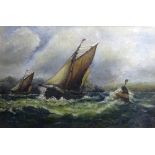 F Fraser 'Ships on Rough Seas' Oil on board, signed lower right,