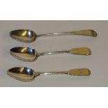 Three silver teaspoons, two being Scottish provincial silver, hallmarks for Exeter 1834-5 TW,