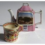 A Meissen teapot, decorated with two panels of Gilsland to either side, on pink and white ground,