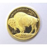 An American buffalo one ounce 50 dollar gold proof coin, dated 2011, Indian bust to obverse,