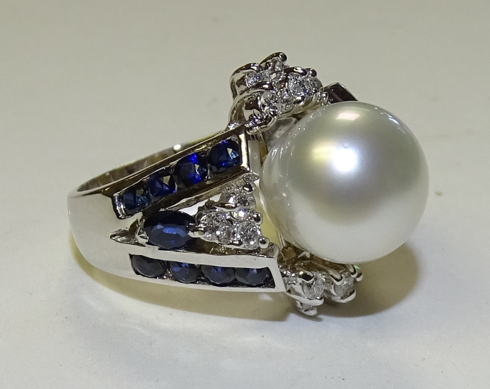 A 14ct white gold pearl, sapphire and diamond ring, - Image 2 of 3