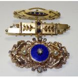 Two Victorian 9ct gold sapphire and seed pearl brooches, 5 & 4cm long, 7.