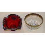 A Ruby glass silver overlaid bowl, with stylized foliate silver decoration, 20cm wide,