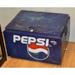 A metal Pepsi drinks cooler, with insulated metal interior and classic blue Pepsi logo to exterior,