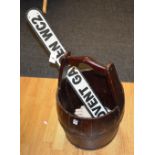 A metal banded large wooden bucket, with fixed handle, 54cm high x 34cm diameter,