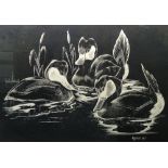 R Mitchell (20th Century) 'Ducks on Water' White gouache on black,